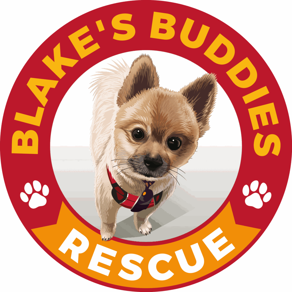Illustration of a small dog wearing a red collar inside a circular badge that reads “Blake's Buddies Rescue” with paw prints on each side.