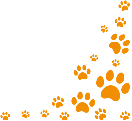 Orange animal paw prints of various sizes create a playful pattern along the bottom right corner of a white background, perfect for promoting a dog rescue in Atlanta.